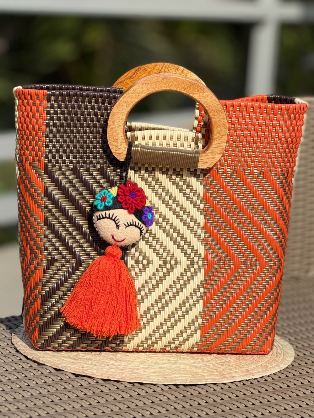 Handwoven Orange, Brown & Cream Straw Tote with Wooden Handles